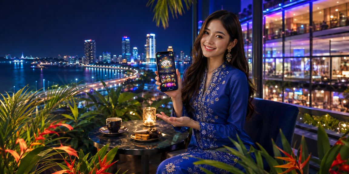 Pengguna wanita berbaju kurung menikmati kasino dalam talian melalui telefon di Johor